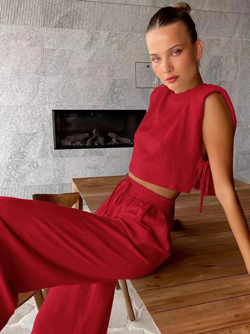 Cotton And Linen Pant Sets Women Sleeveless Leace-up Short Tops Drawstring Long Pants Two Piece Set Commuting 2025 Summer New