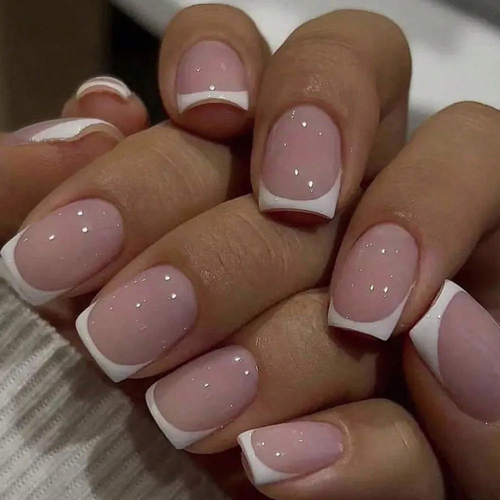 120pcs Nude Rose French Press On Nails Carré Forme Courte Brillant Couverture Complète Faux Ongles Conseils Fille Mignonne Printemps Porter Faux Ongles