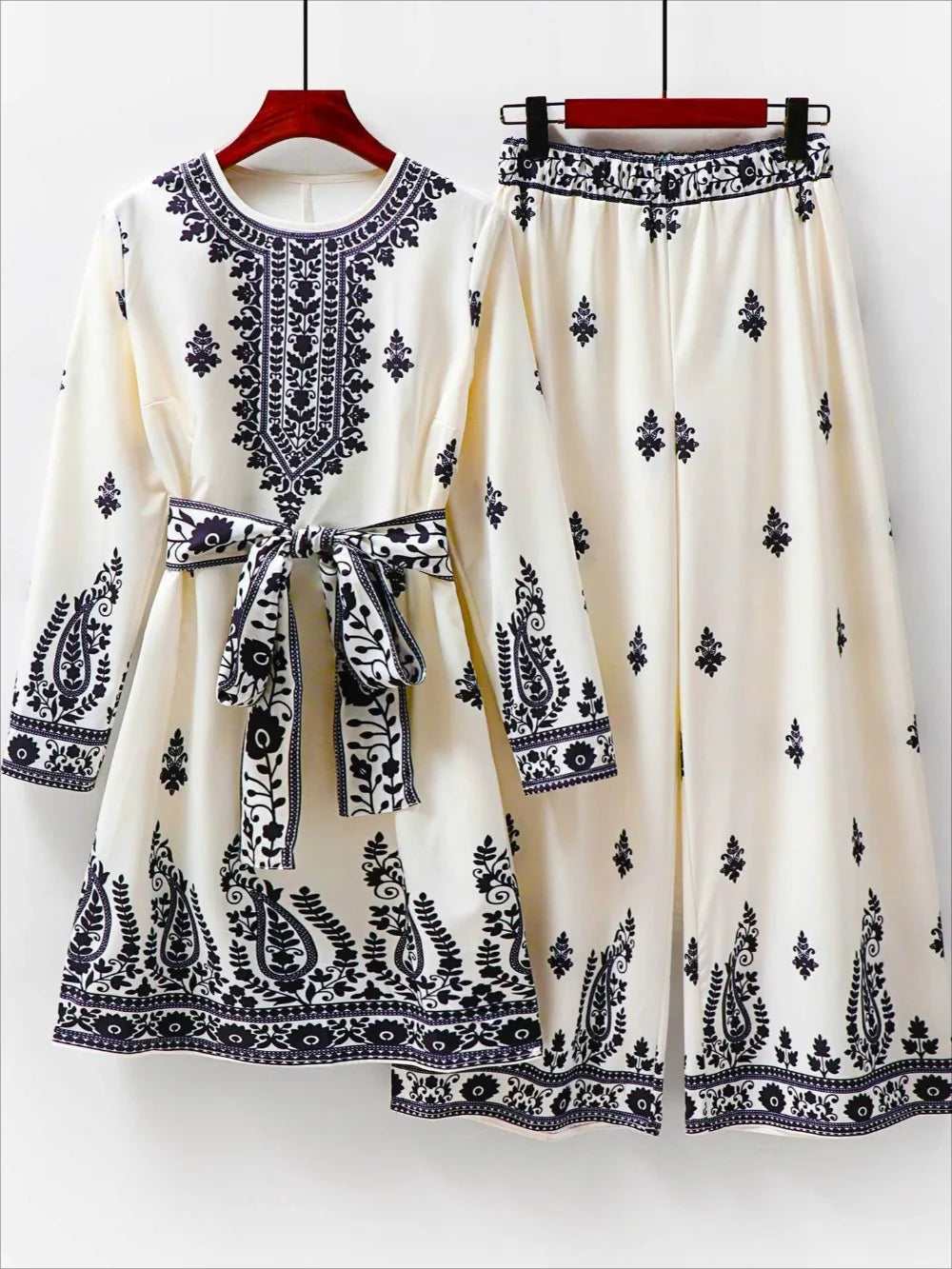 Conjunto de 2 piezas musulmán de Dubái para mujer, blusa estampada con pantalones de pierna ancha, traje musulmán de Marruecos, conjunto casual de ropa árabe para mujer