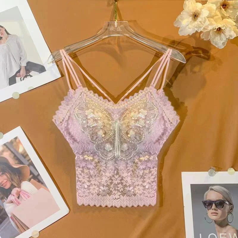 Ropa de mujer, top corto sexy con abalorios pesados y estampado floral, top de encaje de mariposa, top corto que deja el ombligo al descubierto, camiseta de tirantes de verano.