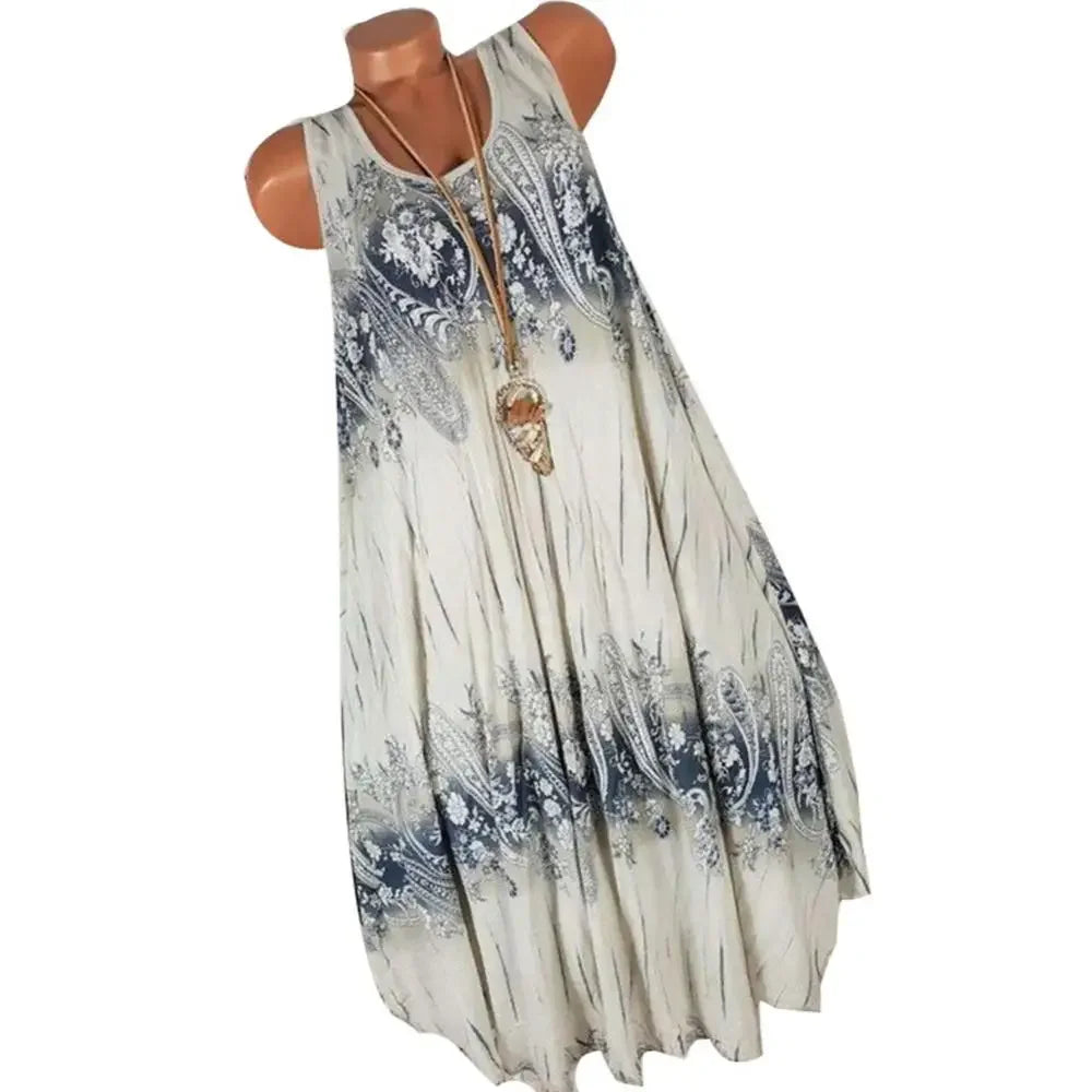 Vestido de verano para mujer, estampado floral, cuello redondo, sin mangas, holgado, plisado, talla grande