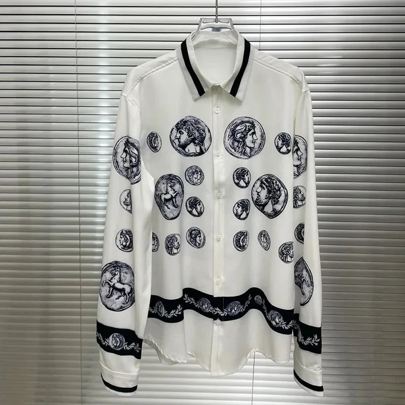 Men's shirt Vintage Character print Spring / Autumn Loose Version Classic Long-sleeved Lapel Fashion and leisure Top S-5XL