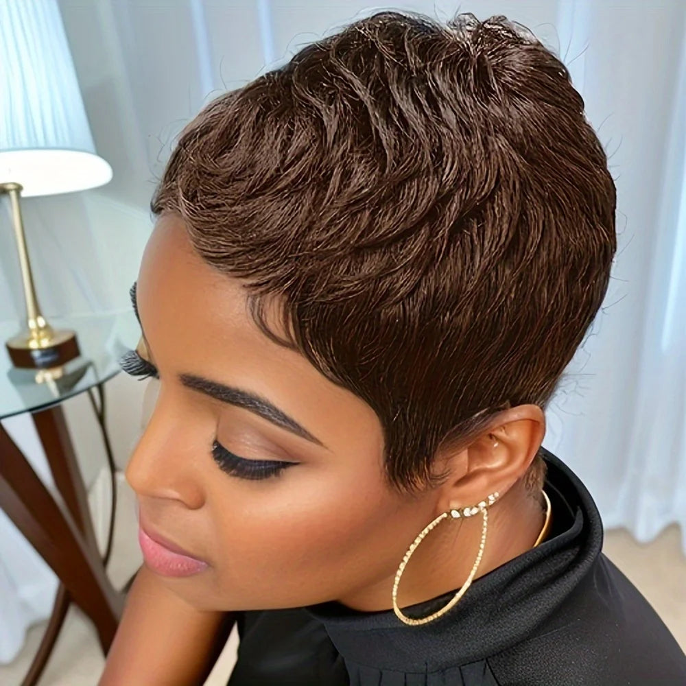 Pixie Cut parykk med menneskehår – 150 % tetthet, kort, rett, lagdelt Remy-parykk