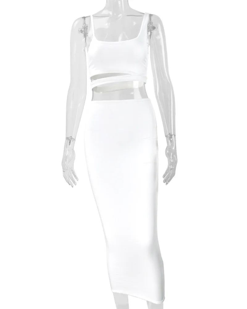 Conjuntos de faldas de verano para mujer, top corto sin tirantes con aberturas + conjuntos de falda ajustada elástica de cintura alta, trajes de dos piezas sexys para mujer a la moda