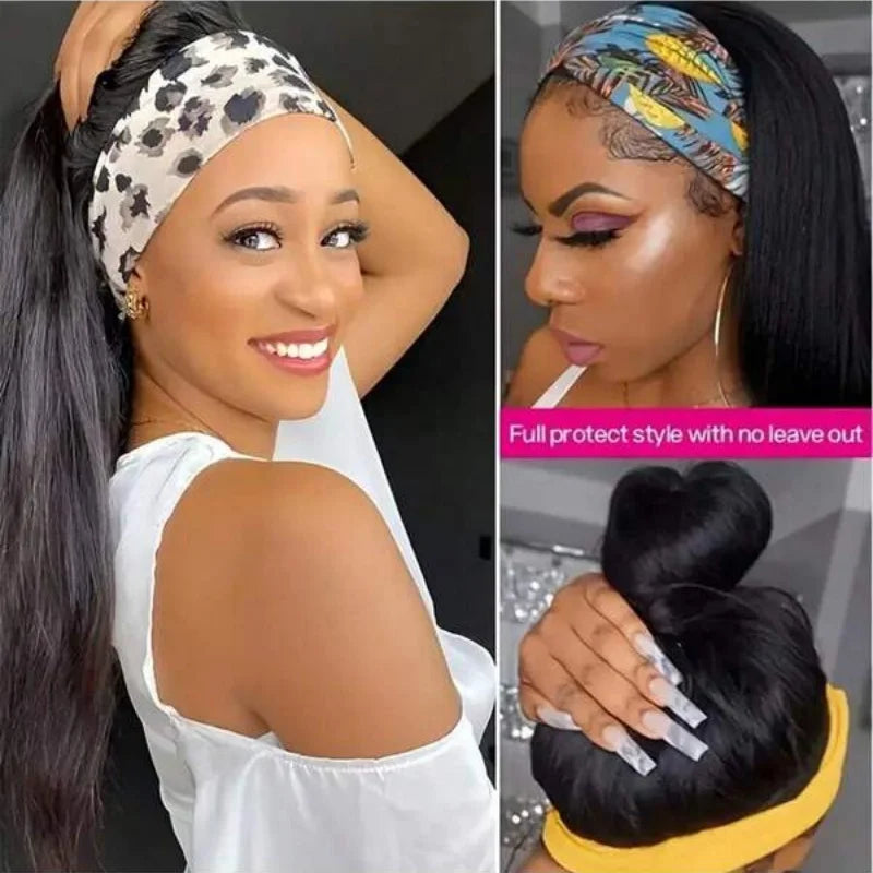 Perruques lisses avec bandeau de 101,6 cm (40 pouces), en cheveux humains vierges brésiliens, confectionnées à la machine, densité 250 %, sans lace front.