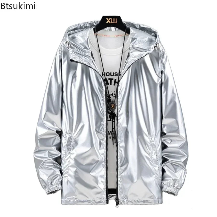 Chaquetas con capucha de superficie brillante para hombre, para senderismo, pesca, deportes al aire libre, cortavientos, estilo fino, abrigos de tendencia, ropa de hombre 7XL