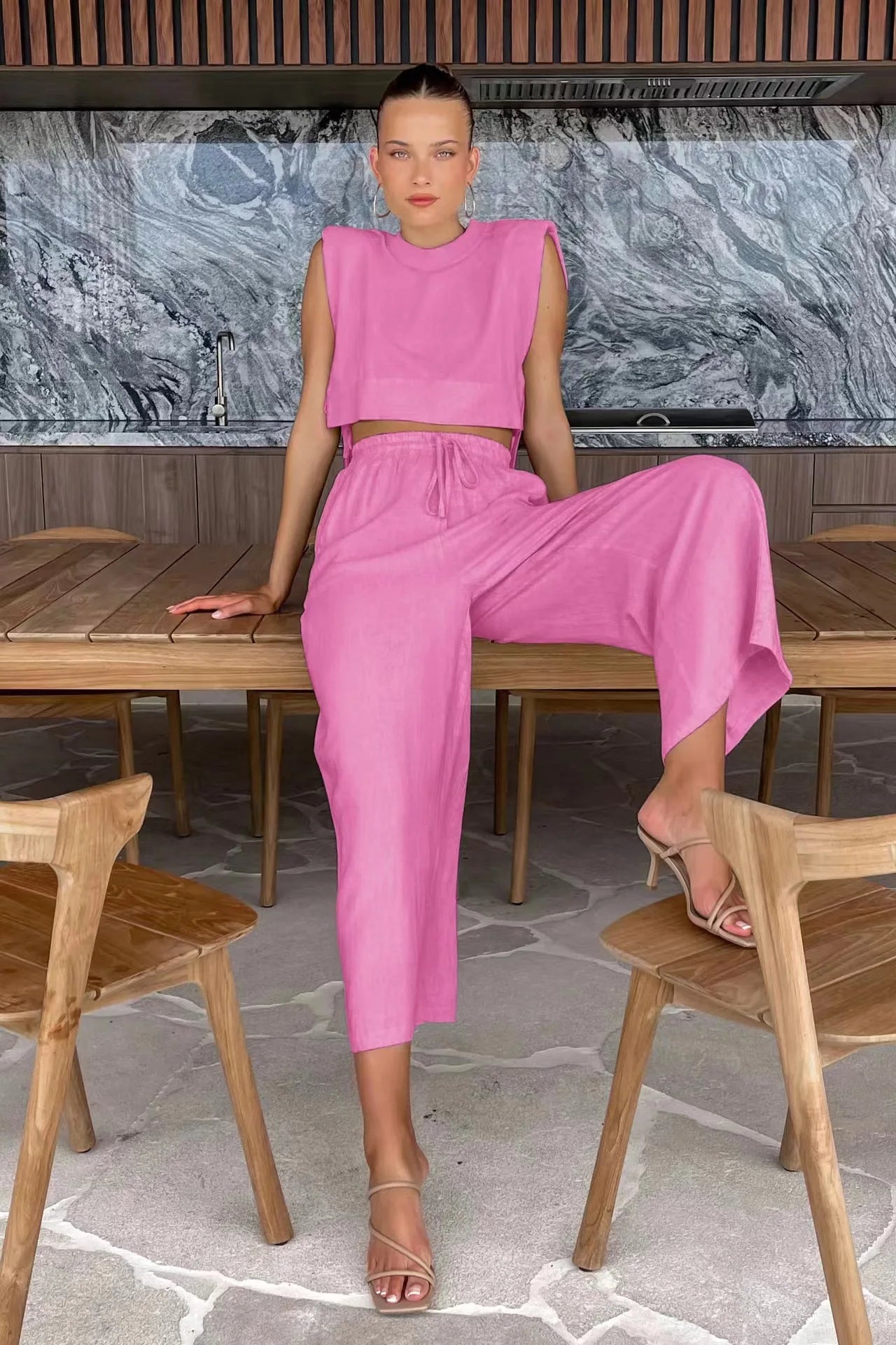 Cotton And Linen Pant Sets Women Sleeveless Leace-up Short Tops Drawstring Long Pants Two Piece Set Commuting 2025 Summer New