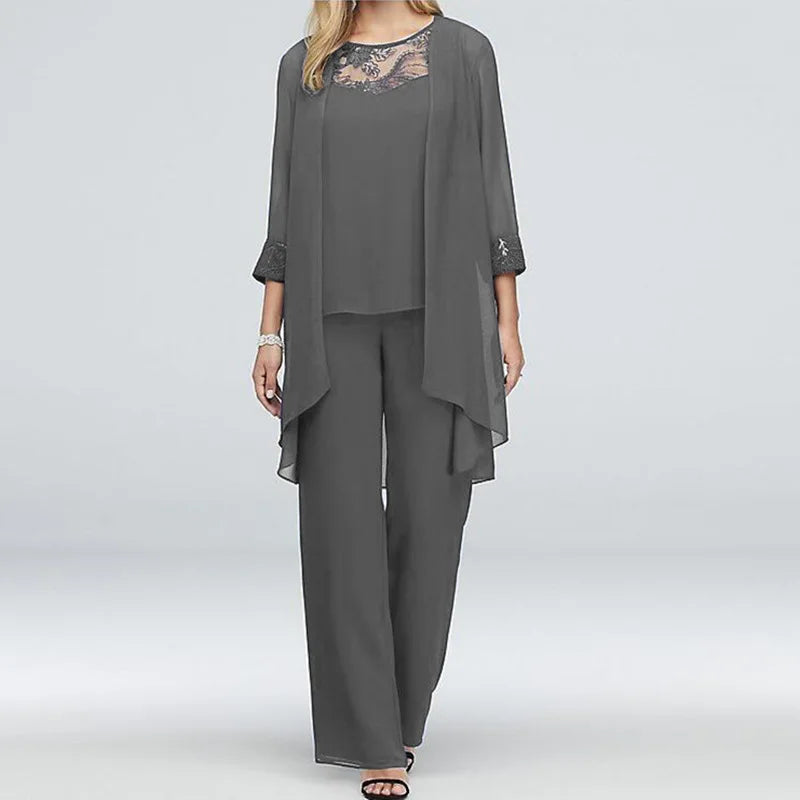 Conjuntos elegantes de pantalones para mujer, traje formal de oficina, tallas grandes, gasa, encaje, pantalones rectos, cárdigan, tops, conjuntos de 3 piezas para mujer