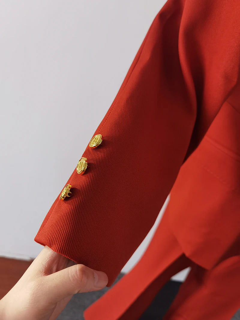 Conjunto de dos piezas de blazer corto informal retro de invierno para mujer y pantalones de pierna ancha, traje de color liso con cierre en la cintura
