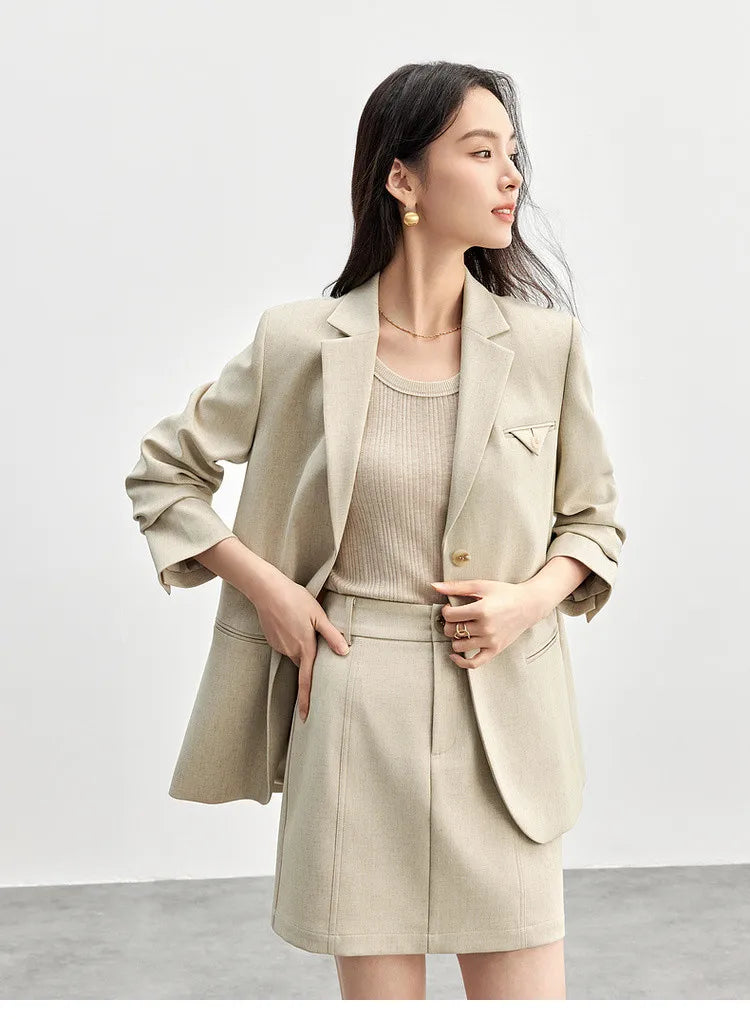 SENTUBILA Trajes de falda para mujer, mezcla de lino, hombreras, blazer de un solo botón, faldas mini sólidas y elegantes, conjuntos de dos piezas 151Z58181