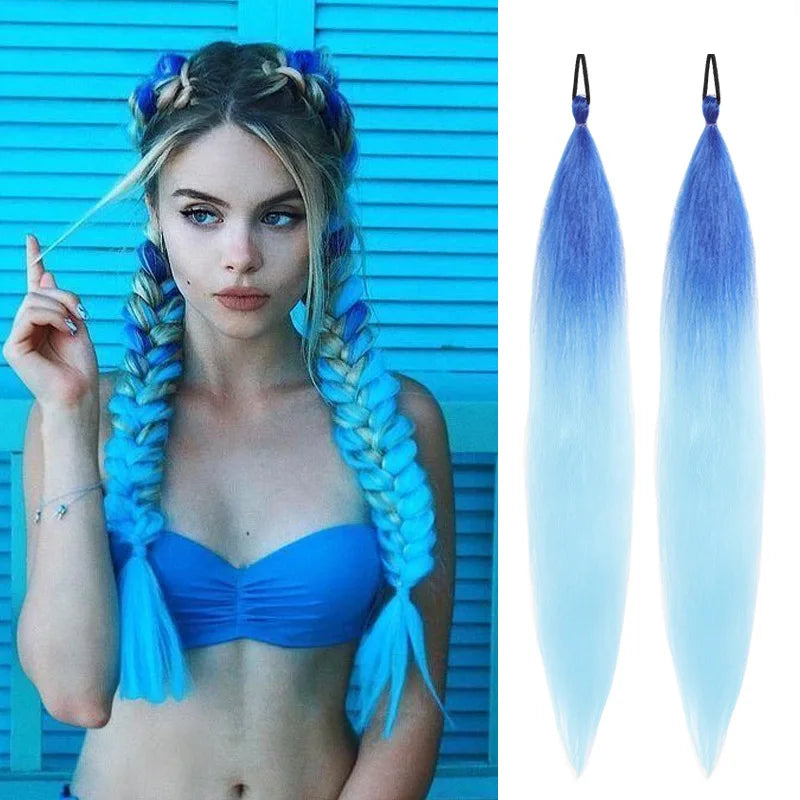 2PCS Synthetic pair of female rubber band boxing color synthetic braided ponytail wig long straight hair heat-resistant ponytail