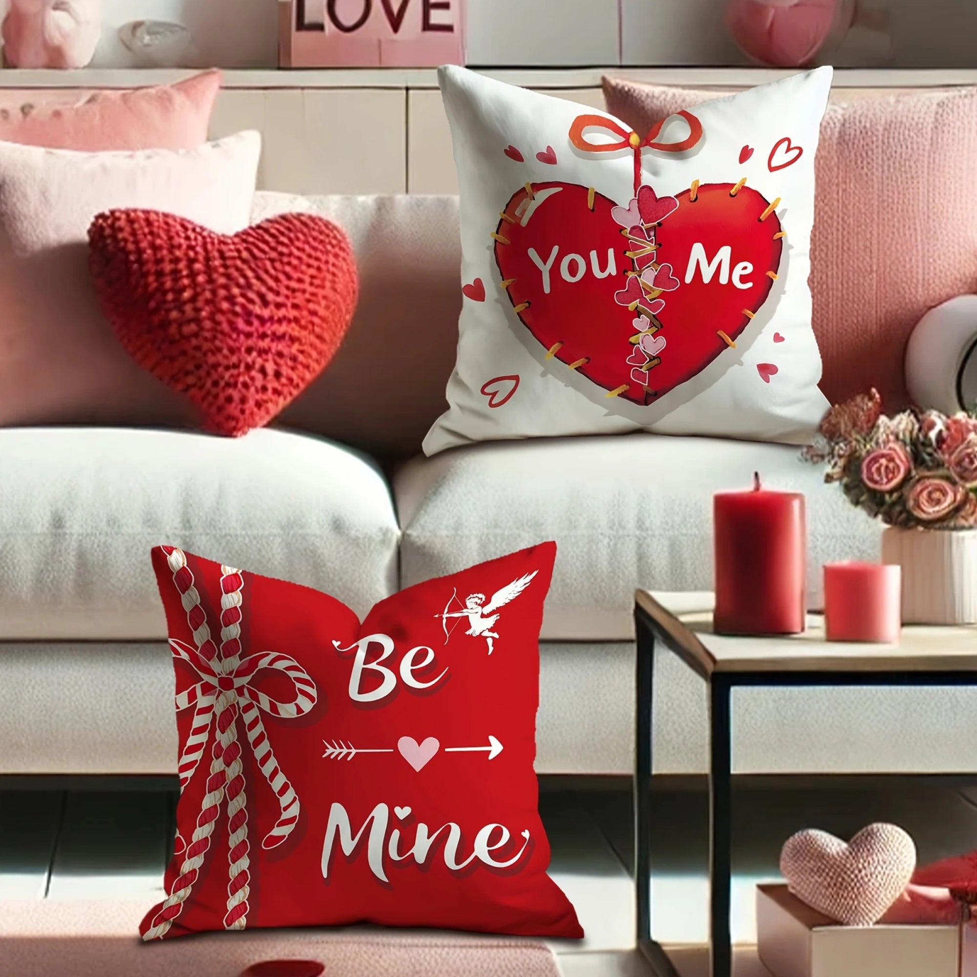 Juego de 4 fundas decorativas para cojines de San Valentín con estampado de corazón, para fiestas y decoración del hogar