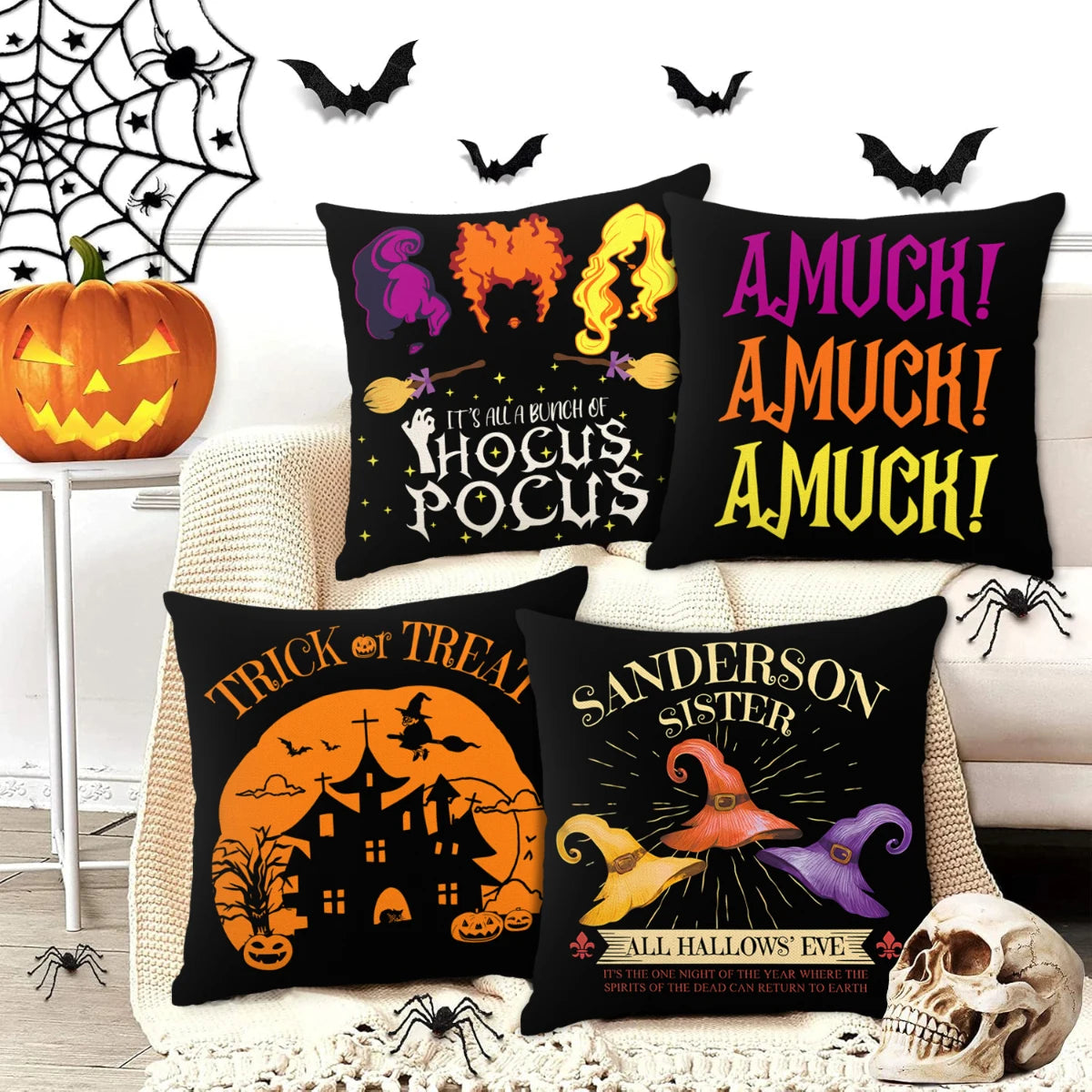 1 ud./4 Uds. Funda de almohada decorativa de Halloween, funda de cojín de truco o trato, fantasma, cabeza de calabaza, funda de cojín de sofá con decoración de murciélago