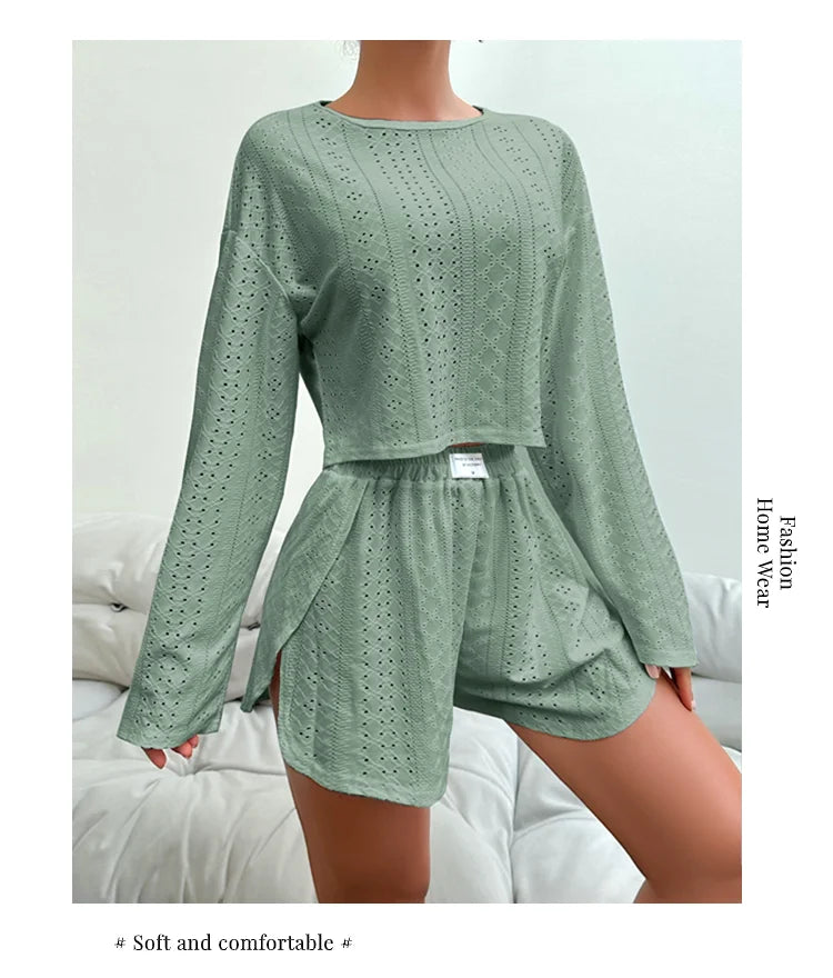 Conjunto de pijama para mujer, ropa de dormir, ropa de descanso, otoño, suave y cómodo, tops de manga larga con pantalones cortos, pijama de mujer, ropa de casa, 2 piezas