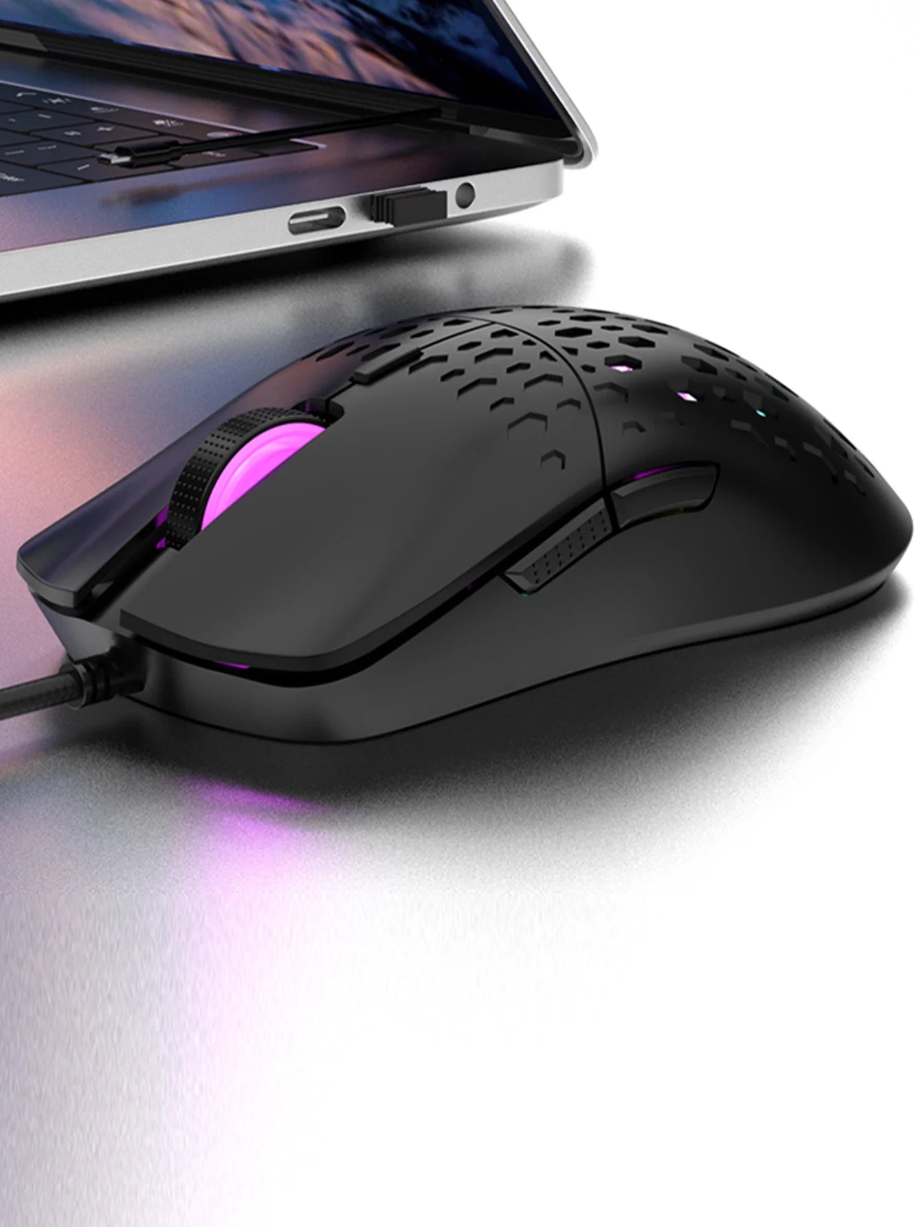 Ratón inalámbrico para juegos, efecto de luz deslumbrante y colorido, DPI variable, ratón perforado con diseño de panal de abeja a la moda
