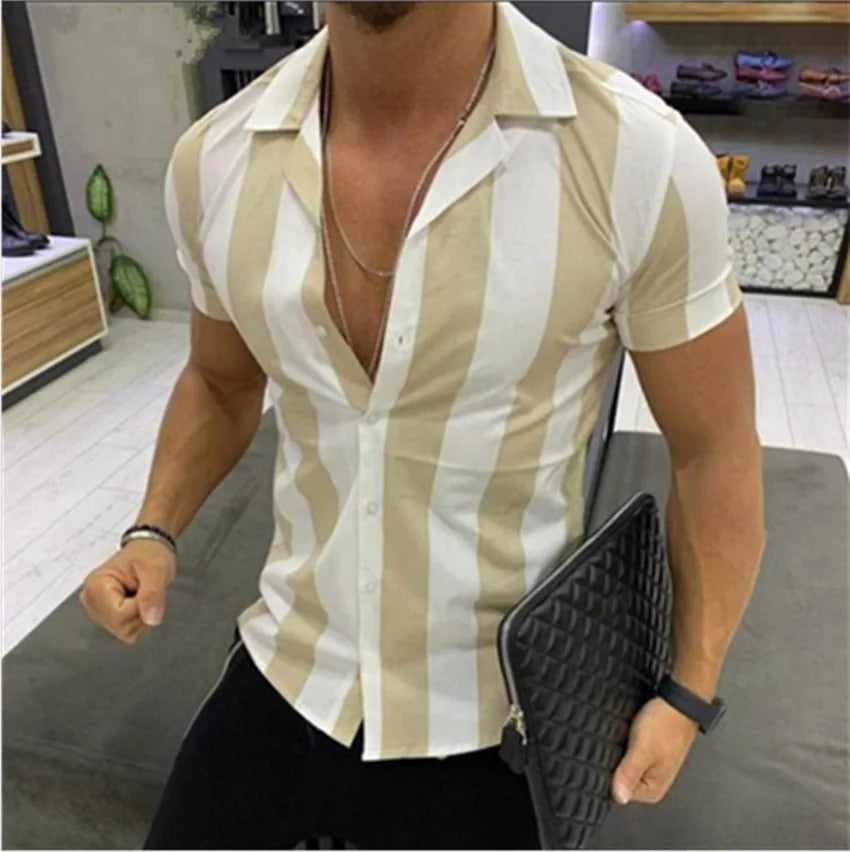Men's striped casual shirt, summer beach casual loose-fitting short-sleeved shirt, summer daily commuting style travel shirt