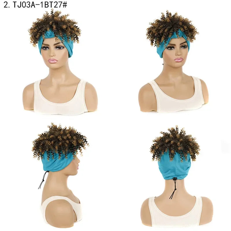 Fluffy Headband Wigs for Black Women Short Afro Kinky Curly Headwrap Wig High Temperature Natural Synthetic Headband Scarf Wig