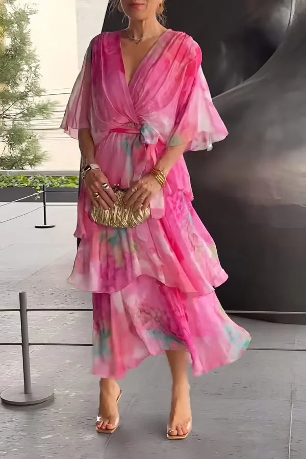 Vestido de mujer con estampado floral, multicapa, cuello en V, manga larga, estilo casual de verano