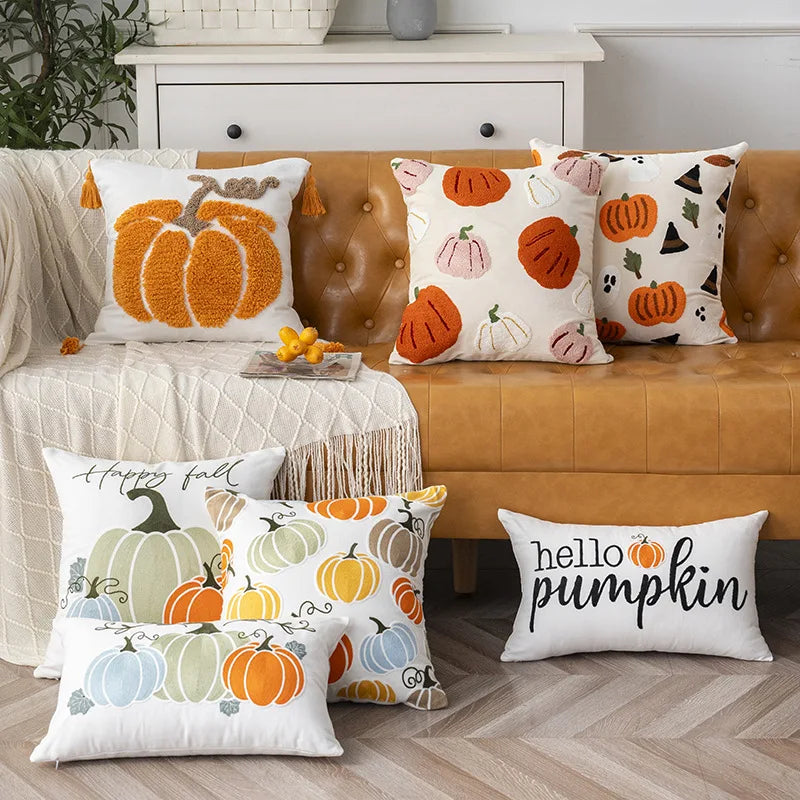 Funda de cojín bordada con toalla, bordado de calabaza de Halloween, funda de cojín de oficina de otoño