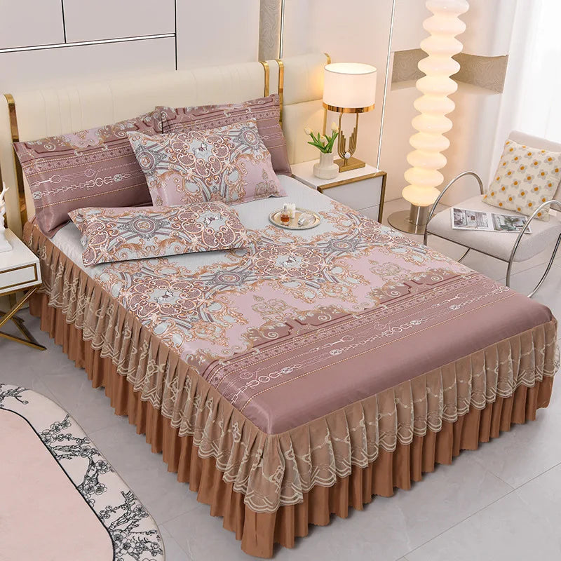 3 deler sommer sengeteppe i skjørtstil, sengeteppe i blonder i europeisk stil, tredelt sett i skjørtstil, sengeteppe i madrass, støvbeskyttelse