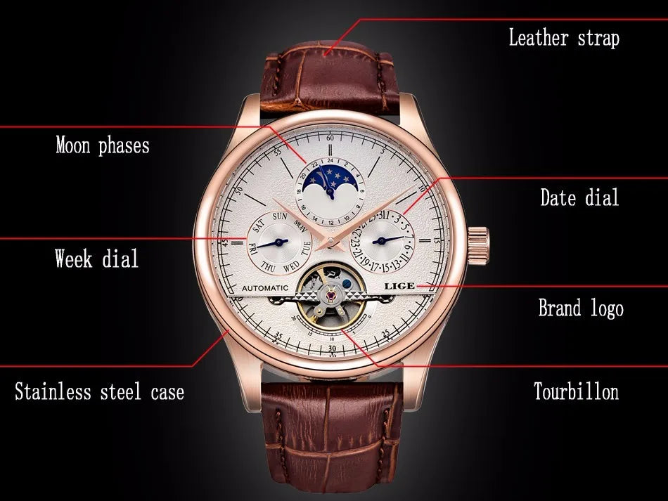 LIGE Relojes para hombre Reloj mecánico automático Reloj Tourbillon Piel auténtica Reloj impermeable Reloj de pulsera militar para hombre
