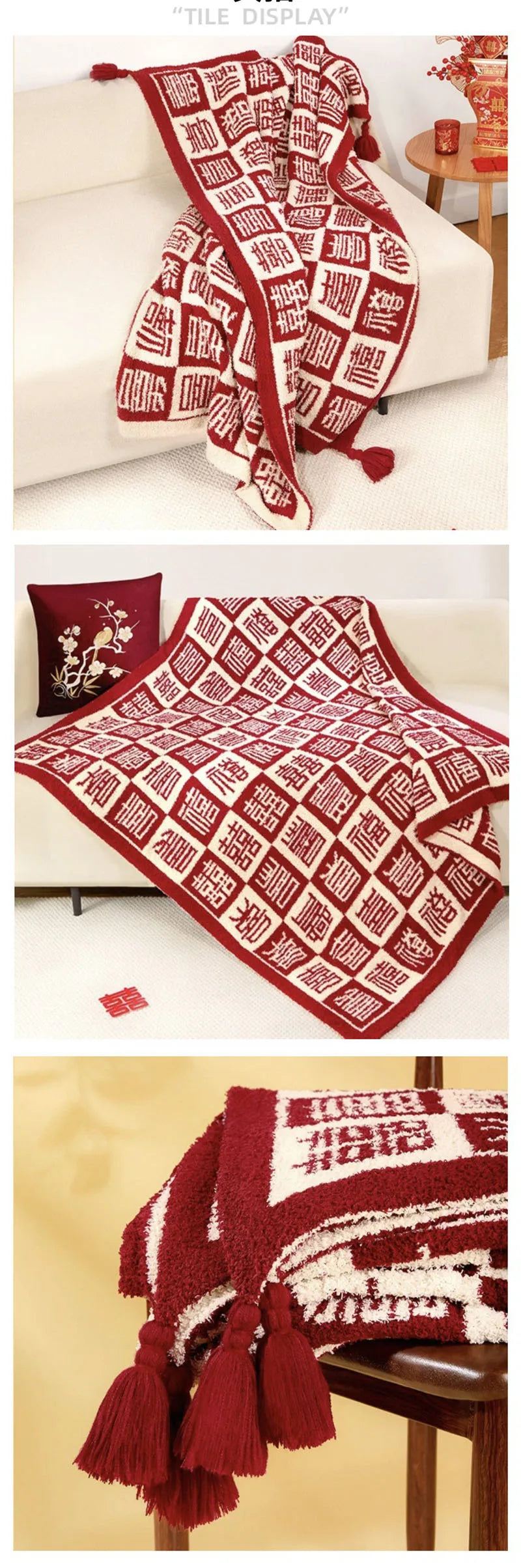 Manta de Boda de Felpa Fina Roja, Cubrecama Alegre, Manta para Sofá Multiusos que Mantiene el Calor, Pequeño Cojín de Chal para Cuatro Estaciones