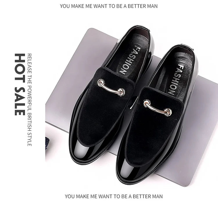 Zapatos de vestir para hombre, de fiesta, negros de lujo, de cuero formal, sin cordones, de charol, de negocios informales, mocasines, talla grande
