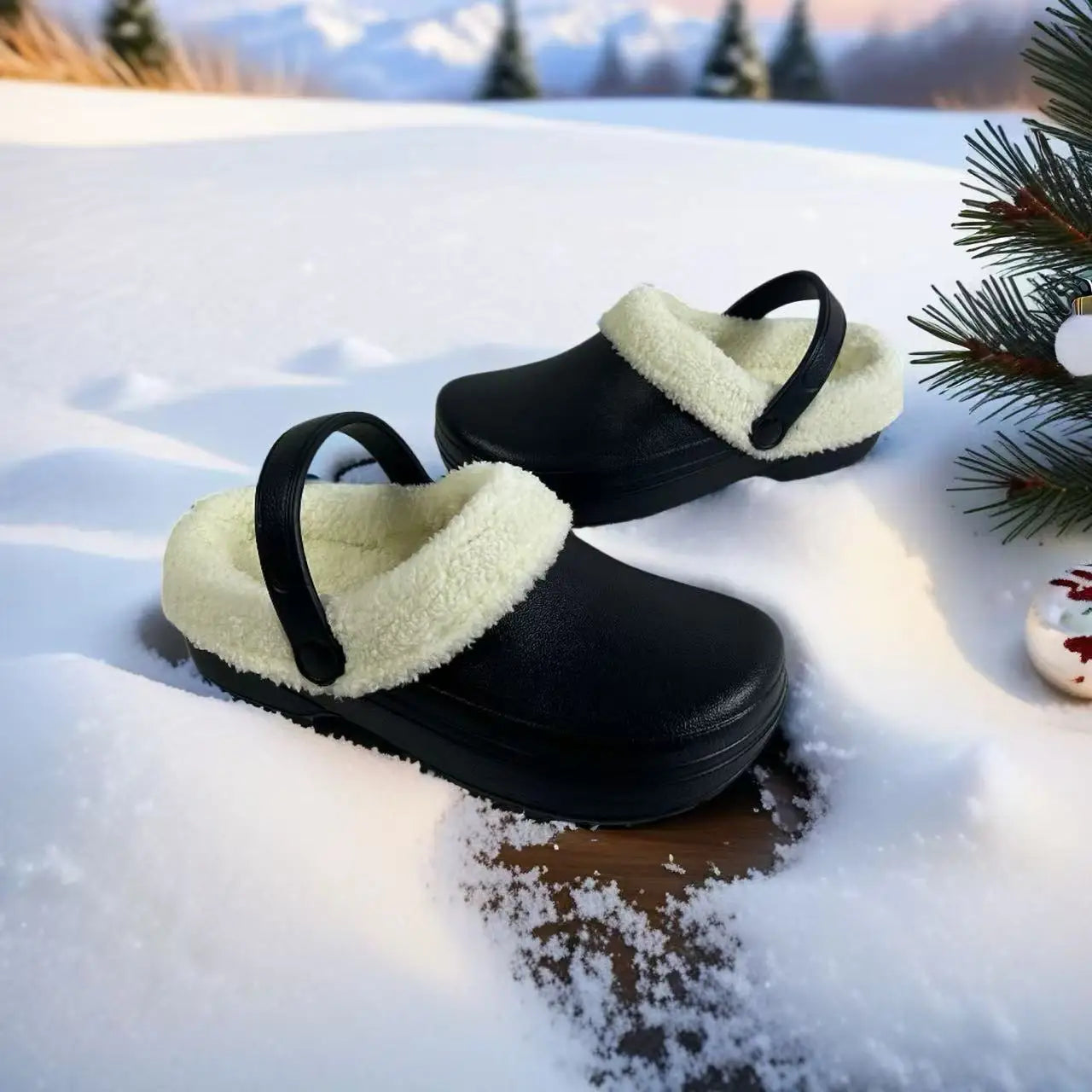 Winter Warm Eva Leather Clog Shoes with Faux Fur Lining & Adjustable Strap for Women/Men Outdoor Snow Casual Wear Christmas Gift