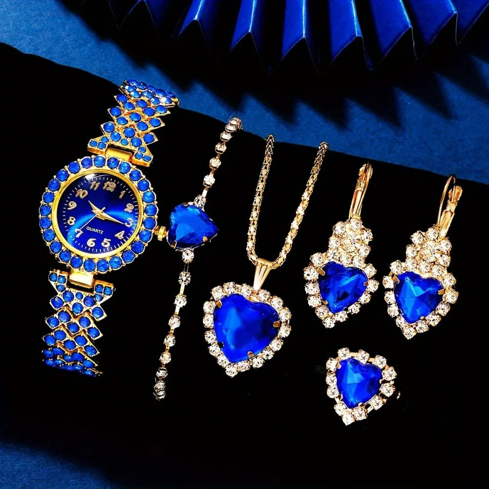 Juego de joyas y relojes elegantes para mujer de 6 piezas, reloj de cuarzo con esfera de diamantes de imitación azules para mujer, juego de relojes y joyas femeninos