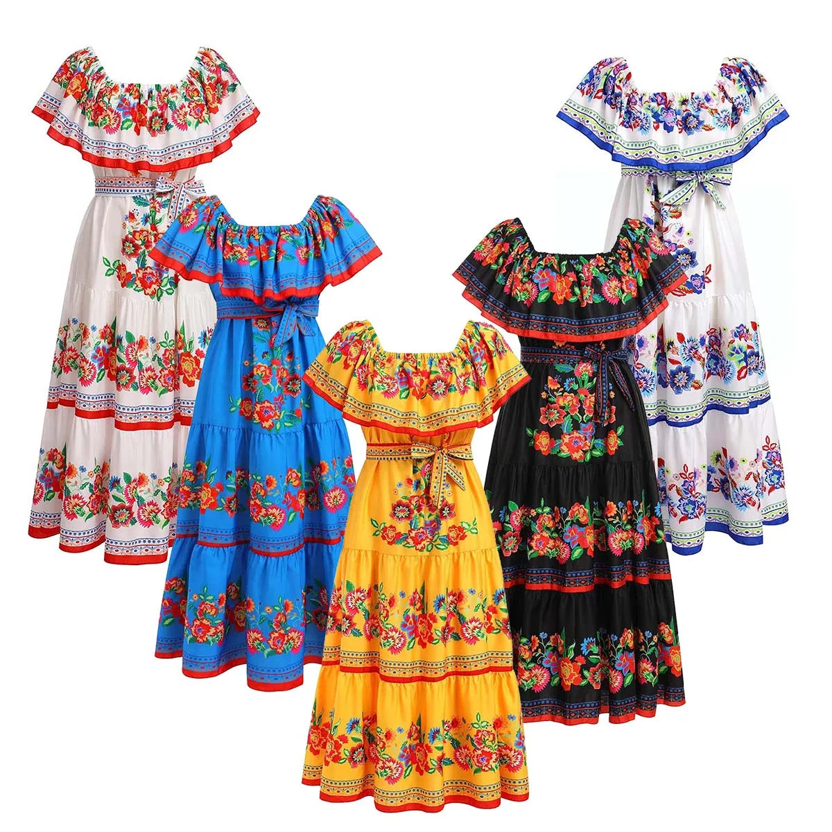 Mexican Traditional Ethnic Mexican Cinco De Mayo Summer Floral Print Off Shoulder Women Mexican Dress