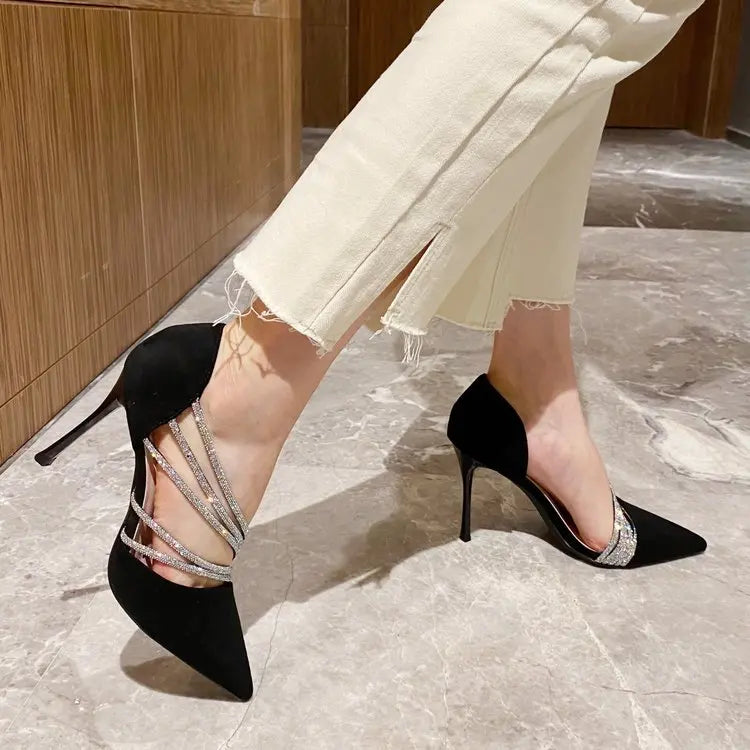 Zapatos de tacón alto para fiesta de noche de mujer, nuevos zapatos de salón elegantes para mujer, de punta, negros, con tiras, para mujer