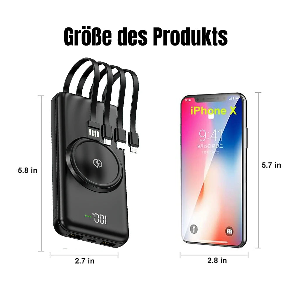 Batería externa de carga rápida inalámbrica, gran capacidad, USB, 4 en 1, carga superrápida, cable de alimentación cuádruple integrado, portátil, alta capacidad