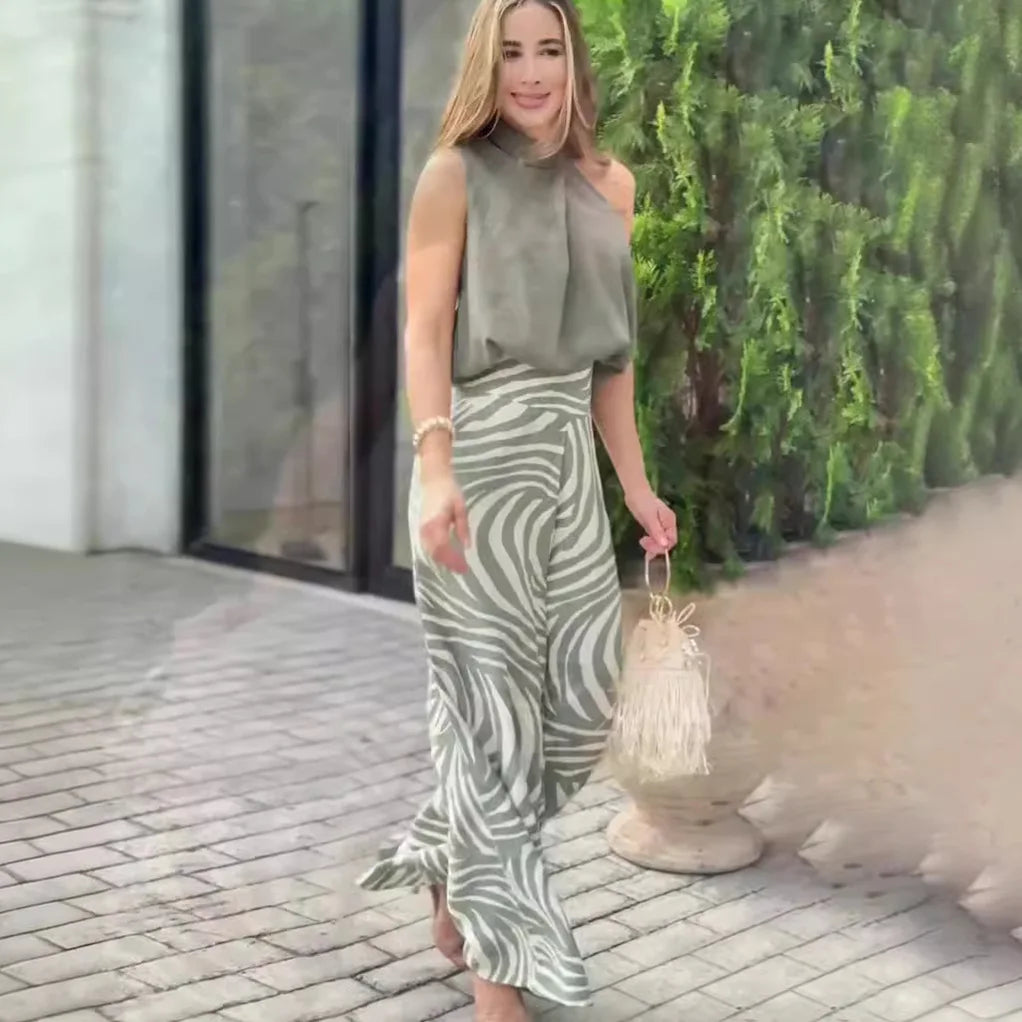 Conjunto de blusa sin mangas halter y pantalones de pierna ancha para mujer, nuevo, sexy, de verano, elegante, casual, de dos piezas para oficina