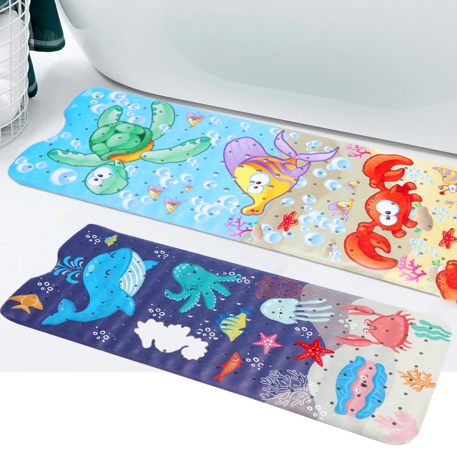 Baby Bath Mat Non Slip Bathtub Mat with Suction Cup and Drain Hole Cute Cartoon Sea World Kid's Shower Pad