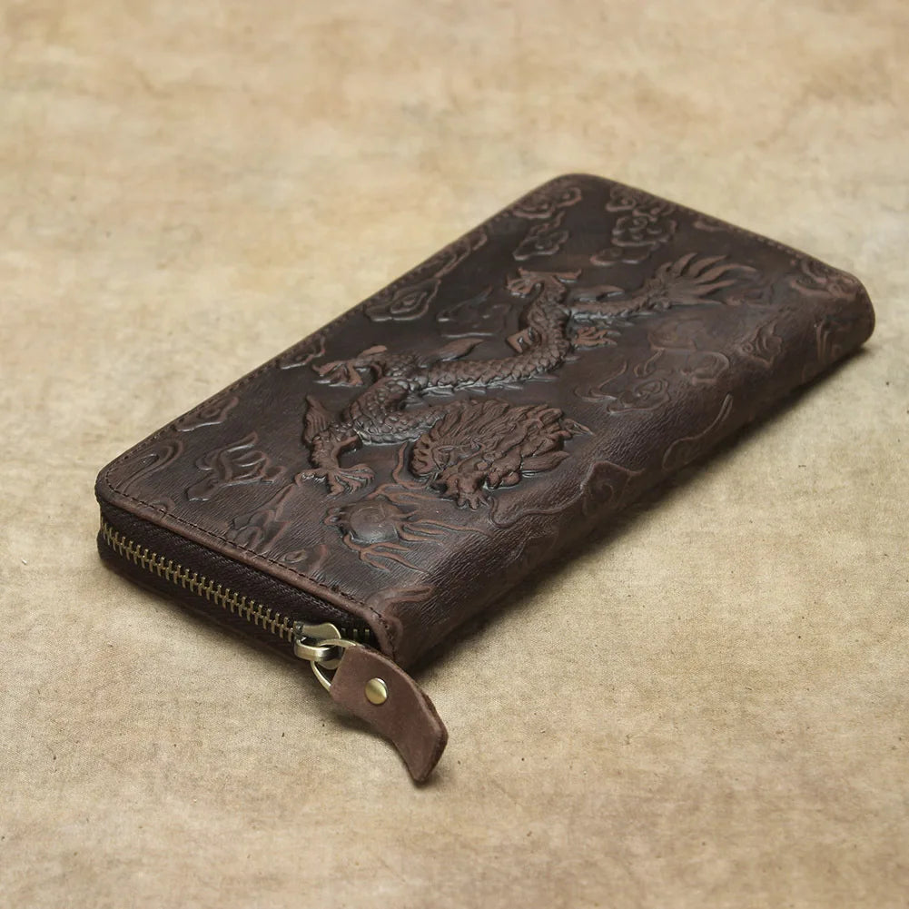 Billetera de lujo para hombre, cartera de mano de cuero genuino, monedero largo grabado en relieve, carteras de hombre de cuero grueso, carteras de mano de cuero para dinero