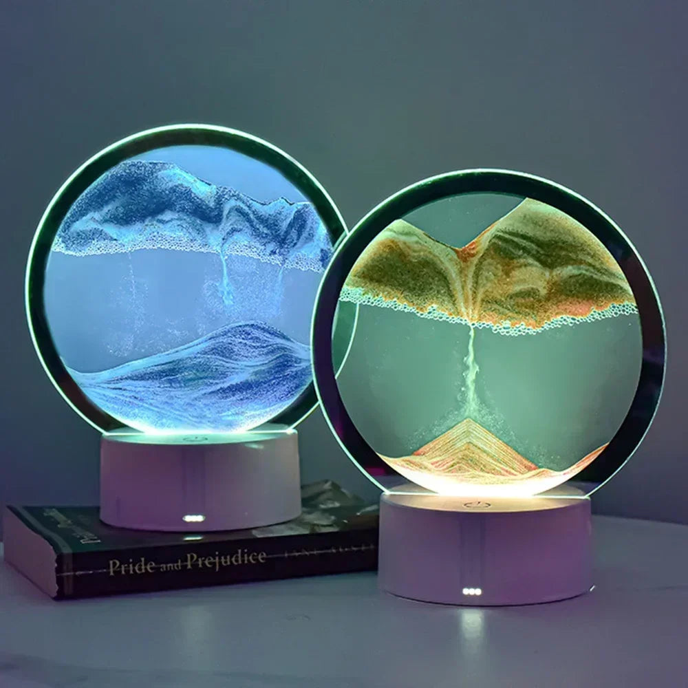 Lámpara de Mesa LED Luz Nocturna de Ambiente Decoración Pintura de Arena Movediza Cristal Redondo Creativo Descompresión Tridimensional para Dormitorio