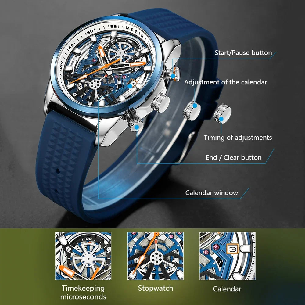 Relojes cronógrafo deportivos para hombre, marca de lujo superior, MEGIR, cuarzo, impermeable, a la moda, reloj de pulsera para hombre con fecha automática y manecillas luminosas