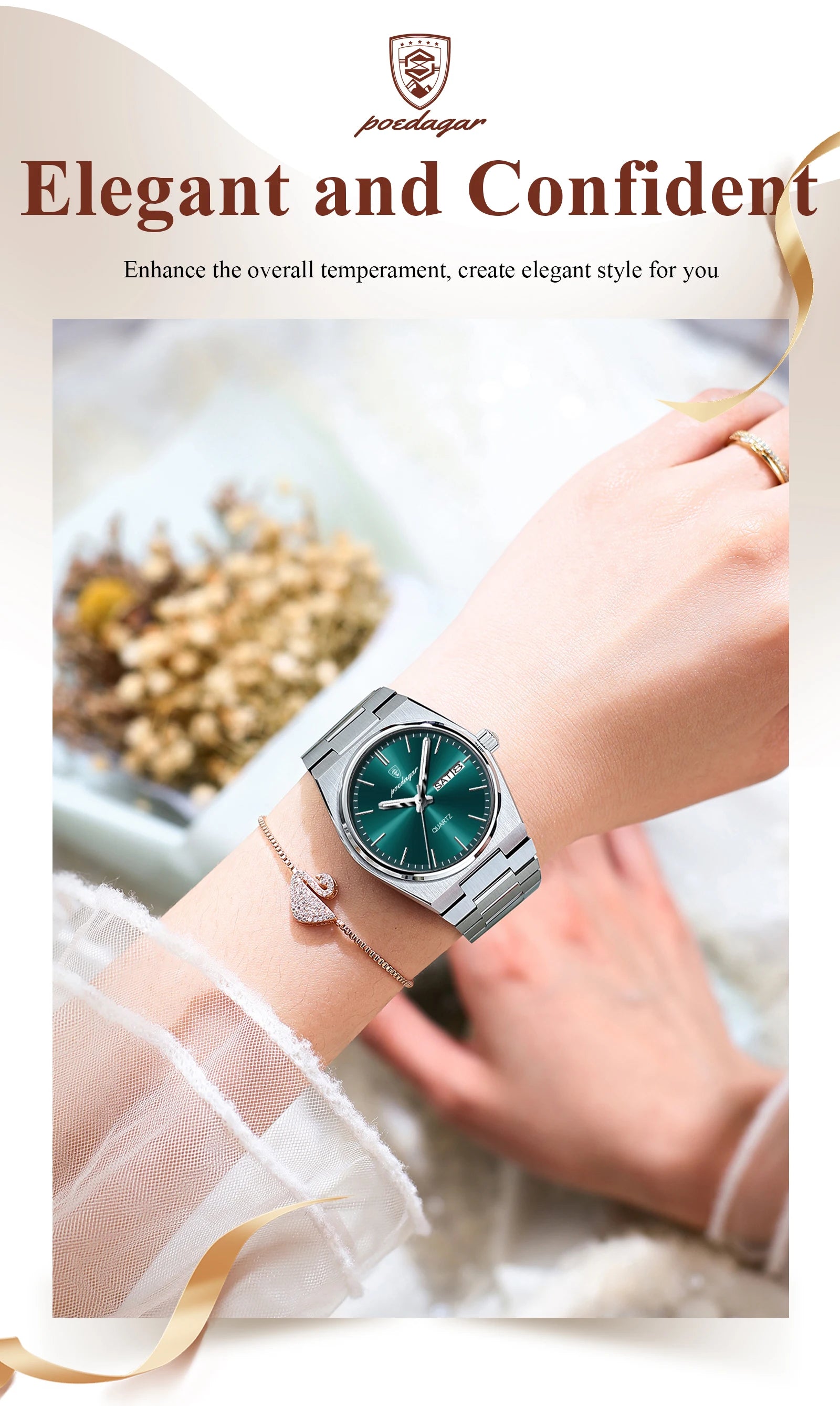 POEDAGAR Relojes Elegantes para Mujer Impermeable Luminoso Fecha Semana Reloj de Cuarzo de Acero Inoxidable para Mujer Reloj de Pulsera de Moda