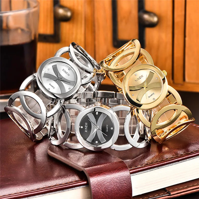 Mujeres Marca Grande Original XINEW 6438 Relojes Señoras Casual Dorado Lujo Cuarzo Pulsera Reloj Relogios Feminino Modas 2024