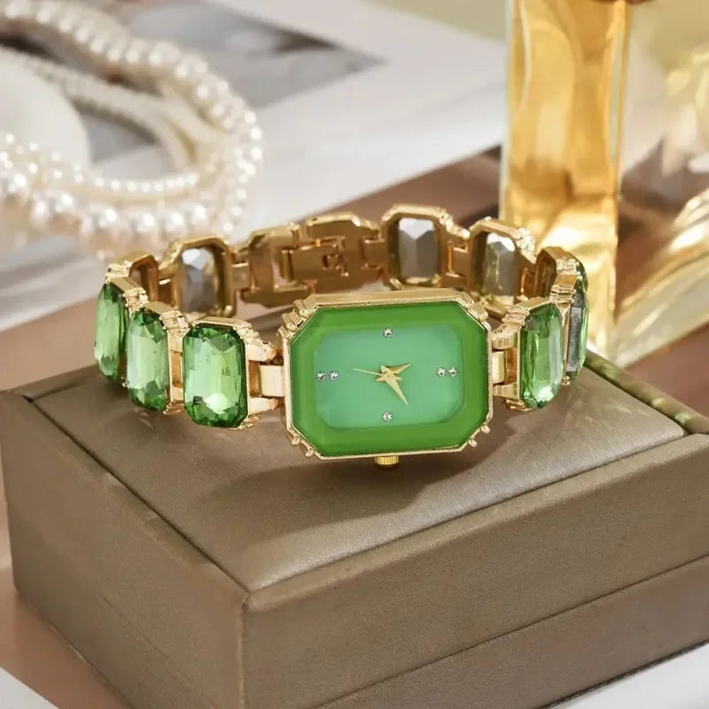 New Retro Shiny Rectangular Dial Rhinestone Bracelet Watch for Women Luxury Gold Color Stainless Steel Ladies Wristwatch