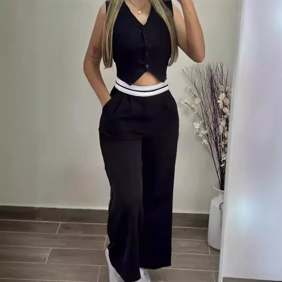 Elegant Two Piece Sets For Women Summer Buttoned Vest Top & Pocket Decor High Waist Wide Straight Leg Pants Set Streetwear