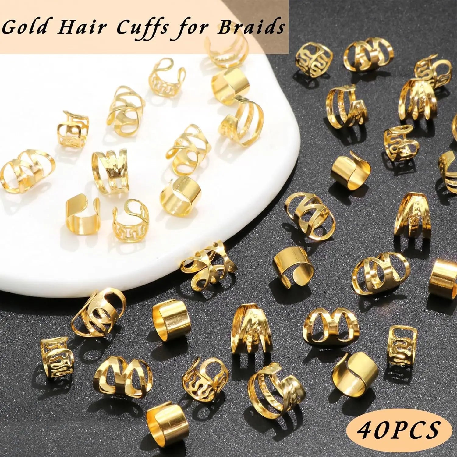 40pcs/set Hair Jewelry for Braids Gold Hair Cuffs Multi Style Rings Adjustable Hair Beads for Braid Dreadlock Accessories