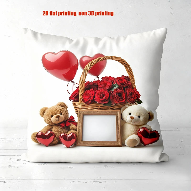 Teddybjørn Rose Hjerte Puter 2D Flat Print Polyester Putetrekk, Sofa Dekorativ Putetrekk Hodegavl Pute