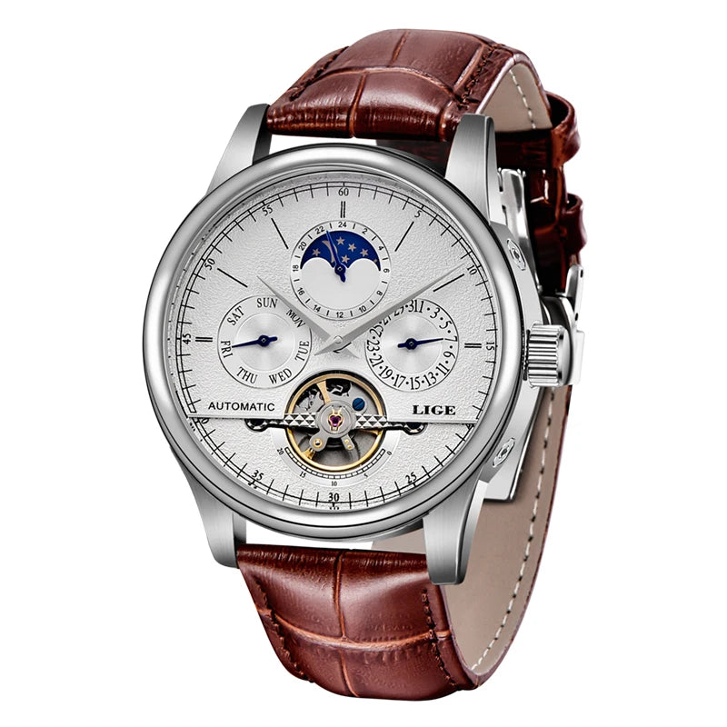 LIGE Relojes para hombre Reloj mecánico automático Reloj Tourbillon Piel auténtica Reloj impermeable Reloj de pulsera militar para hombre