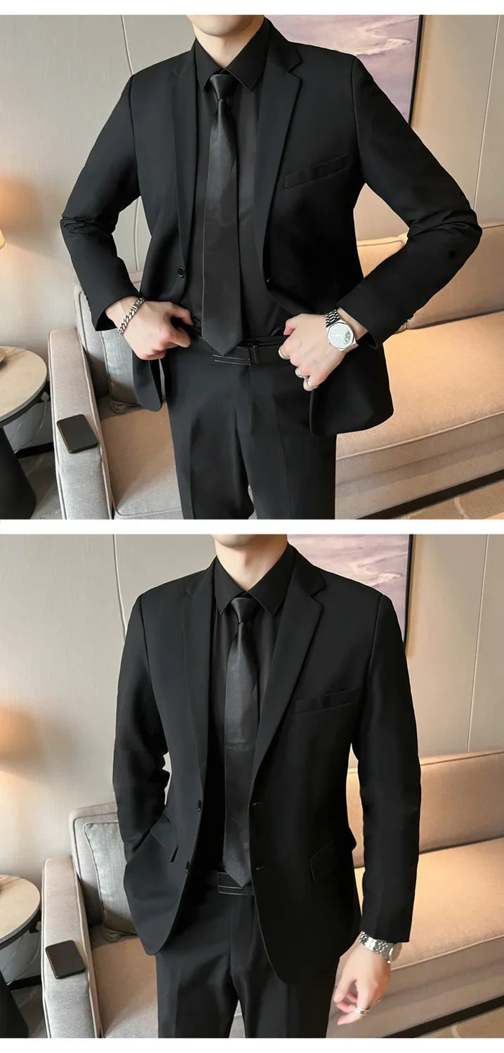 Trajes para Hombre Moda Coreana Manga Larga Ajustado Boda Negocios Blazer Negro Profesional Formal Conjuntos de Pantalones Ropa Hombre