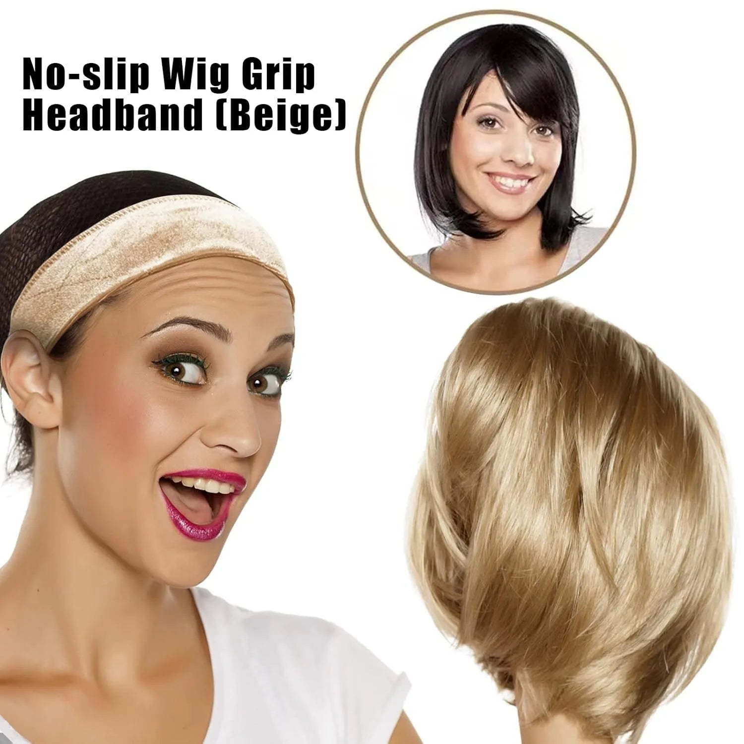 Wig Grip Band for Women, Beige Velvet Wig Headband with Adjustable Magic Tape, Non-Slip Wig Hold Band for Securing Wigs & Hat