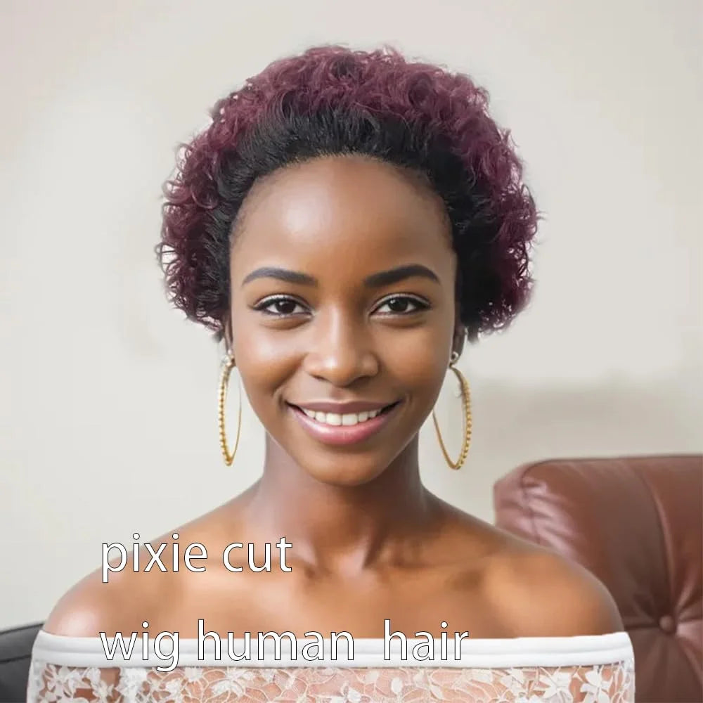 Perruques de Cheveux Humains Bouclés Courts Pixie Cut Ombre T1b/99J 13x1 Transparents HD Dentelle 1B Rouge Perruque Dentelle Pas Cher Utilisation Quotidienne 100% Cheveux Humains 150