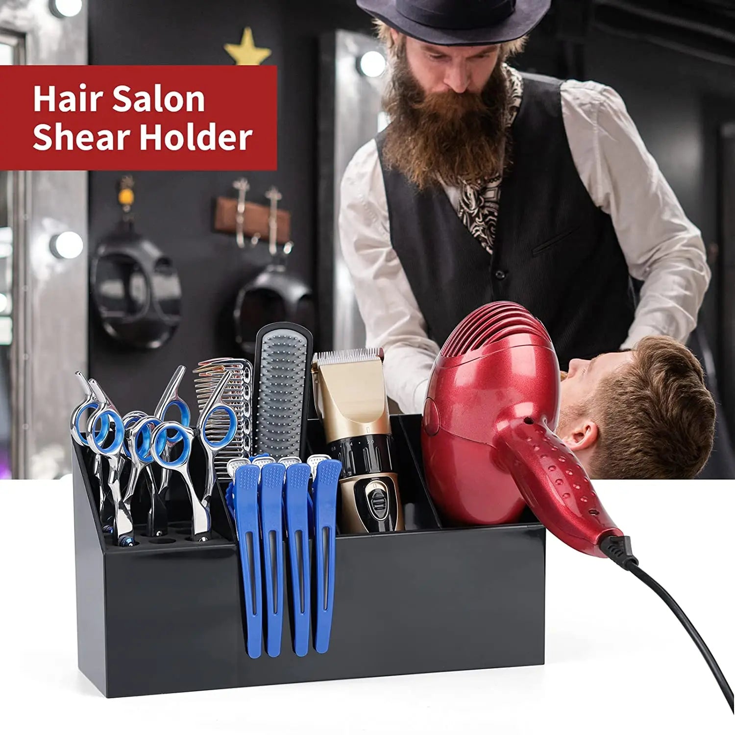 Caja de almacenamiento de herramientas para peluquería, multifunción, para peines, pinzas, botellas, soporte para tijeras de peluquería, organizador de herramientas de barbero
