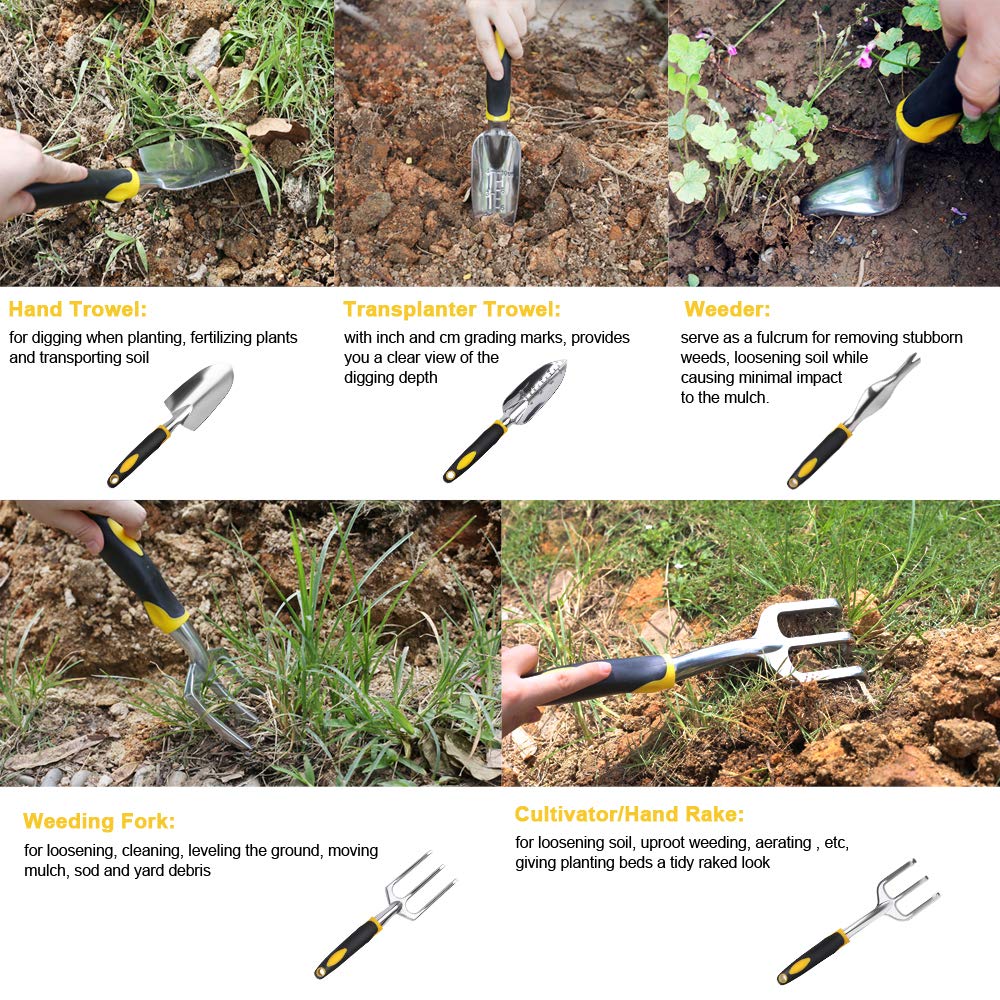 Herramientas de jardinería: paleta de mano, rastrillo, cultivador, desmalezador con mango ergonómico, herramientas de jardinería para césped, tierras de cultivo, trasplante, bonsái.