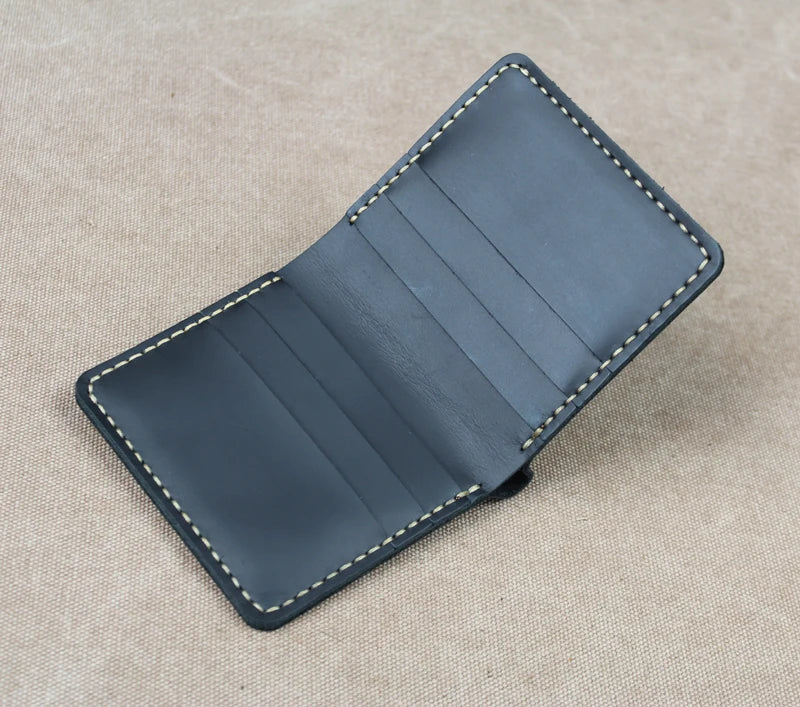Cartera de lujo hecha a mano de cuero genuino Crazy Horse para hombre, cartera pequeña de cuero para hombre, monedero corto con clip para billetes, bolsa para dinero, café negro